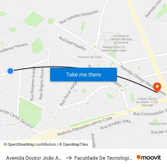 Avenida Doutor João Amaral Gama, 610 to Faculdade De Tecnologia Da Unicamp - Ft map