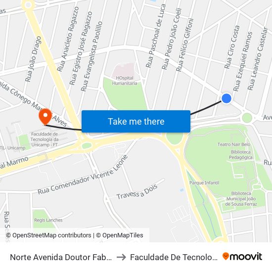 Norte Avenida Doutor Fabrício Vampré, 131-181 to Faculdade De Tecnologia Da Unicamp - Ft map