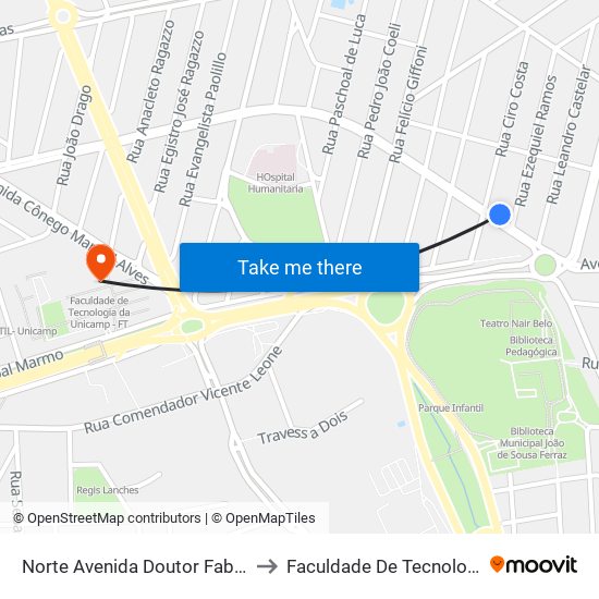 Norte Avenida Doutor Fabrício Vampré, 101-167 to Faculdade De Tecnologia Da Unicamp - Ft map