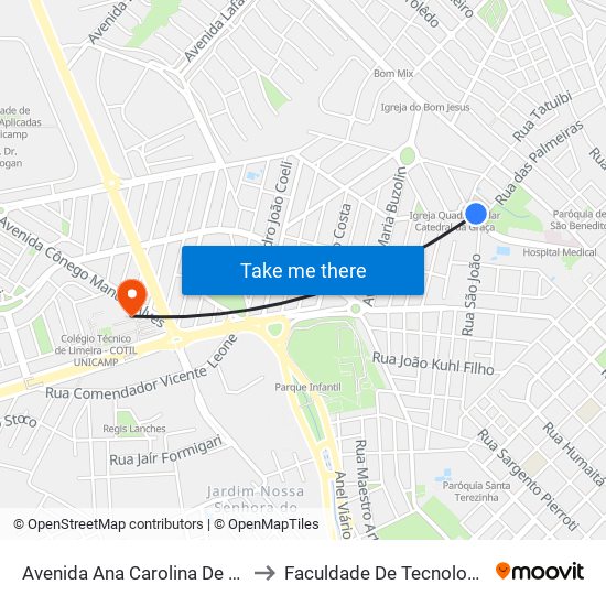 Avenida Ana Carolina De Barros Levi, 458-494 to Faculdade De Tecnologia Da Unicamp - Ft map