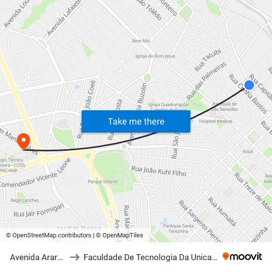 Avenida Ararás, 3 to Faculdade De Tecnologia Da Unicamp - Ft map