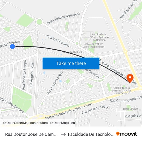 Rua Doutor José De Campos Camargo, 160-490 to Faculdade De Tecnologia Da Unicamp - Ft map