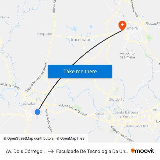 Av. Dois Córregos, 710 to Faculdade De Tecnologia Da Unicamp - Ft map