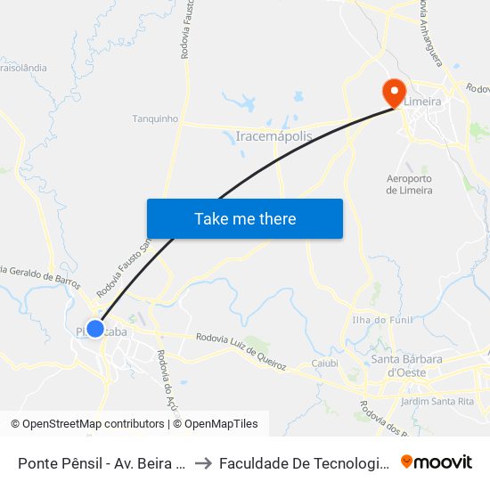 Ponte Pênsil - Av. Beira Rio, Ponte Pênsil to Faculdade De Tecnologia Da Unicamp - Ft map