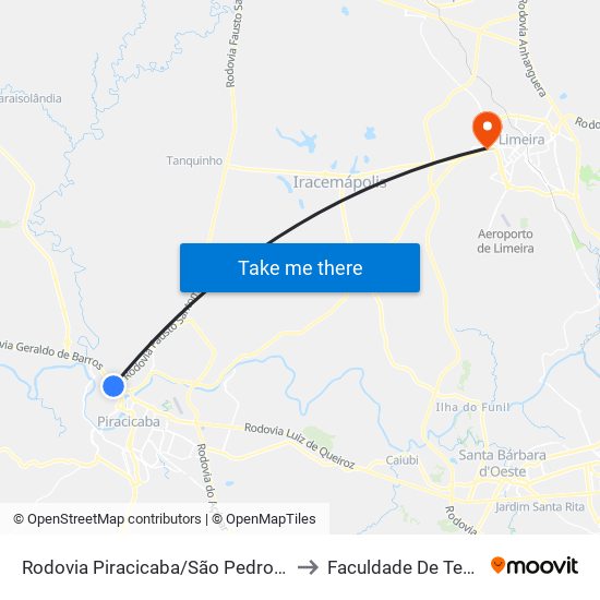 Rodovia Piracicaba/São Pedro SP 304 - Estação Conexão Arcelor Mital to Faculdade De Tecnologia Da Unicamp - Ft map