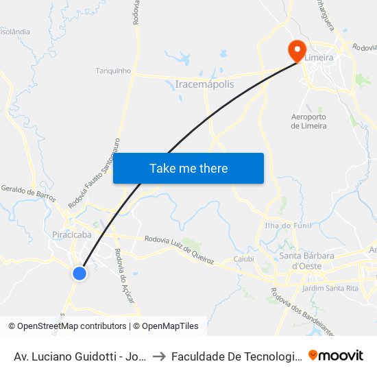 Av. Luciano Guidotti - Jornal De Piracicaba to Faculdade De Tecnologia Da Unicamp - Ft map