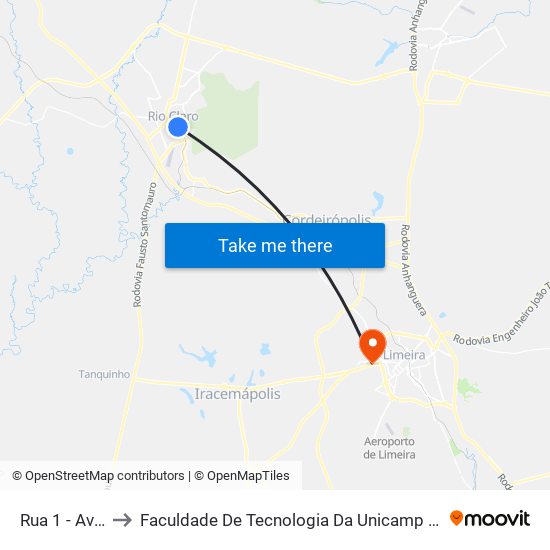 Rua 1 - Av 7 to Faculdade De Tecnologia Da Unicamp - Ft map