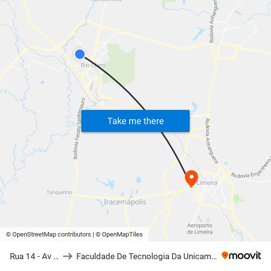 Rua 14 - Av 52 to Faculdade De Tecnologia Da Unicamp - Ft map