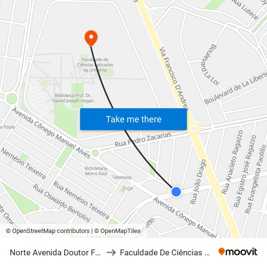 Norte Avenida Doutor Fabrício Vampré, 1212 to Faculdade De Ciências Aplicadas Da Unicamp map