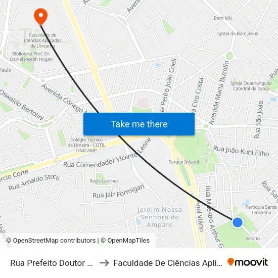 Rua Prefeito Doutor Alberto Ferreira to Faculdade De Ciências Aplicadas Da Unicamp map