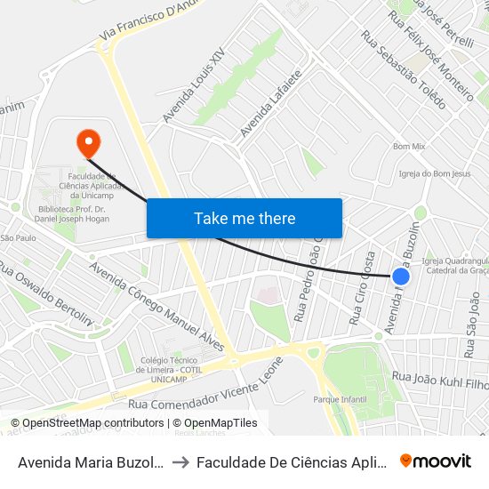 Avenida Maria Buzolin, 1330-1514 to Faculdade De Ciências Aplicadas Da Unicamp map