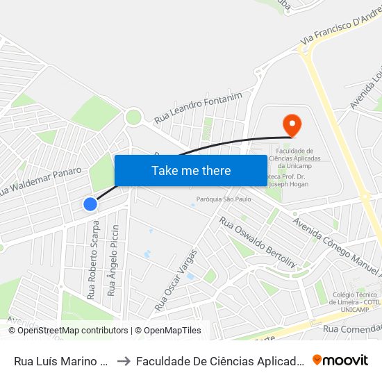 Rua Luís Marino Neto, 284 to Faculdade De Ciências Aplicadas Da Unicamp map