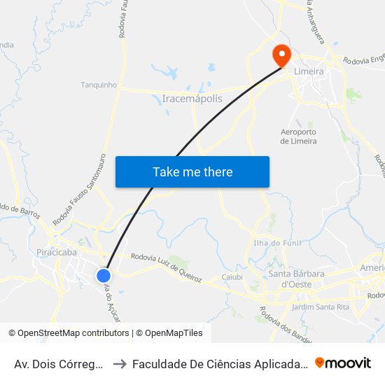 Av. Dois Córregos, 2931 to Faculdade De Ciências Aplicadas Da Unicamp map