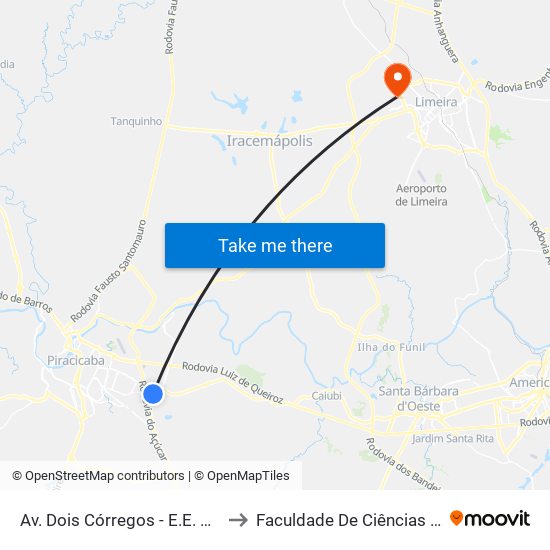 Av. Dois Córregos - E.E. Pedro Moraes Cavalcanti to Faculdade De Ciências Aplicadas Da Unicamp map