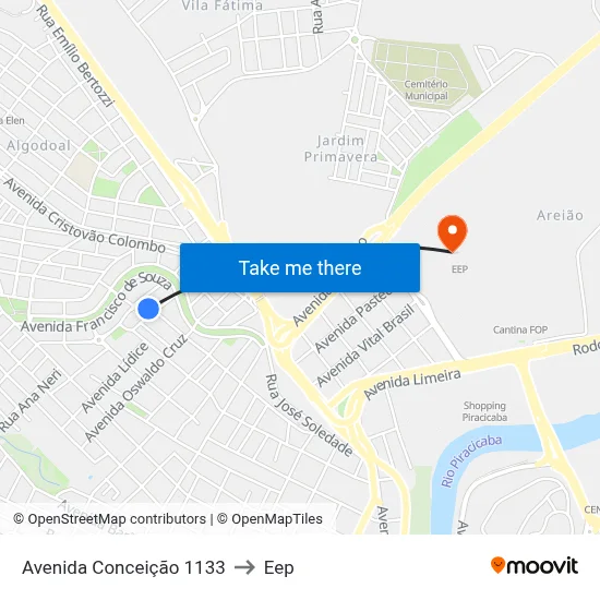 Avenida Conceição 1133 to Eep map
