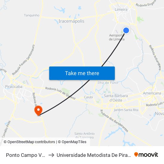 Ponto Campo Verde to Universidade Metodista De Piracicaba map