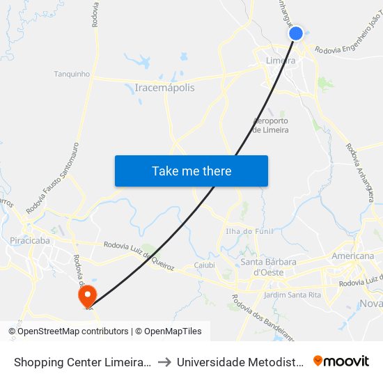 Shopping Center Limeira - Atacadão C/B to Universidade Metodista De Piracicaba map