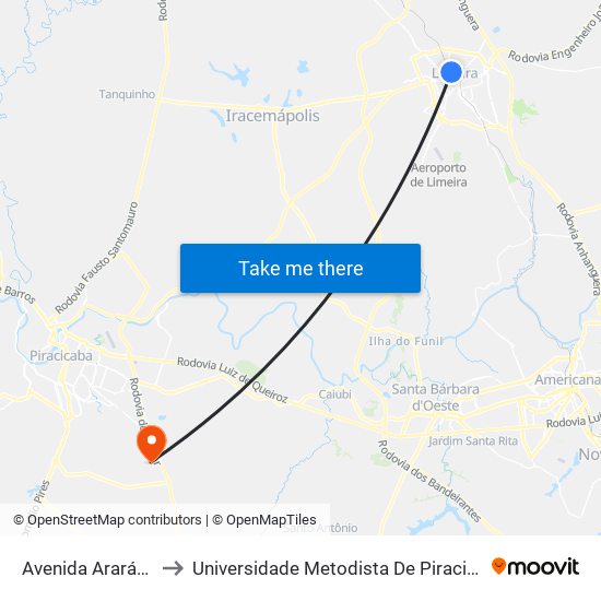 Avenida Ararás, 3 to Universidade Metodista De Piracicaba map