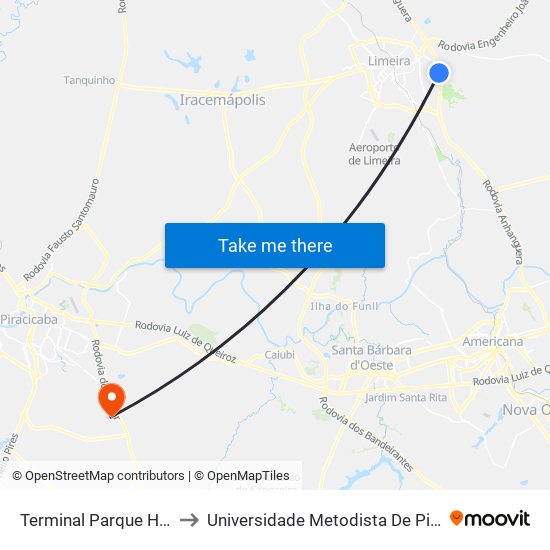 Terminal Parque Hipolito to Universidade Metodista De Piracicaba map