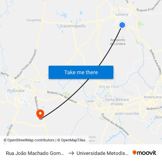 Rua João Machado Gomes Júnior, 801-869 to Universidade Metodista De Piracicaba map