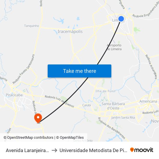 Avenida Laranjeiras, 495 to Universidade Metodista De Piracicaba map