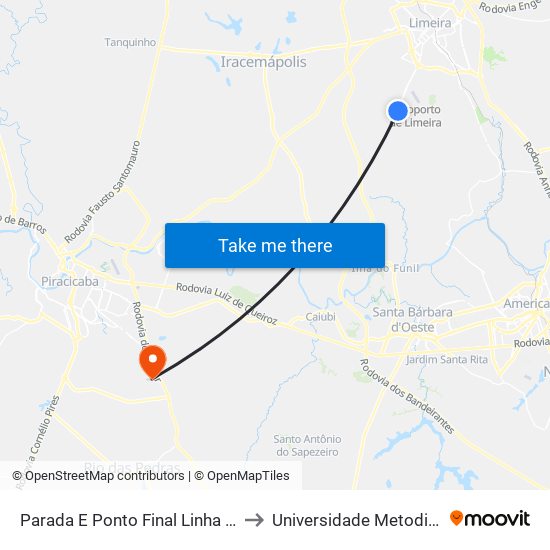 Parada E Ponto Final Linha S.Lourenço  (Rapidão) to Universidade Metodista De Piracicaba map