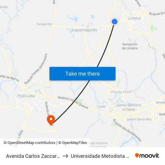 Avenida Carlos Zaccaria, 639-763 to Universidade Metodista De Piracicaba map