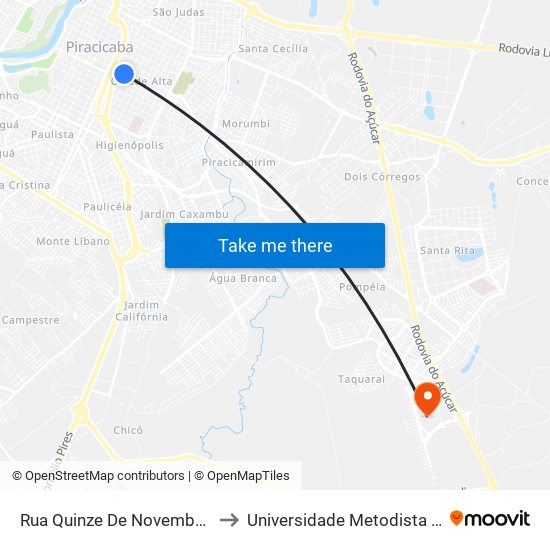 Rua Quinze De Novembro, 1274-1284 to Universidade Metodista De Piracicaba map