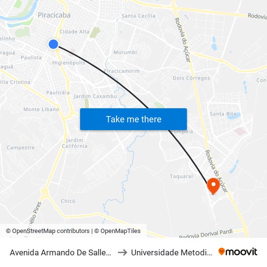 Avenida Armando De Salles Oliveira, 2508-2511 to Universidade Metodista De Piracicaba map