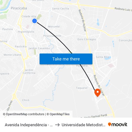 Avenida  Independência - Edifício Santiago to Universidade Metodista De Piracicaba map