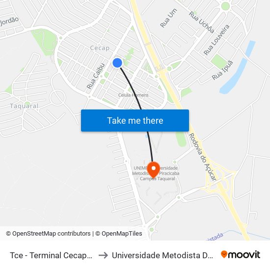 Tce - Terminal Cecap/Eldorado to Universidade Metodista De Piracicaba map