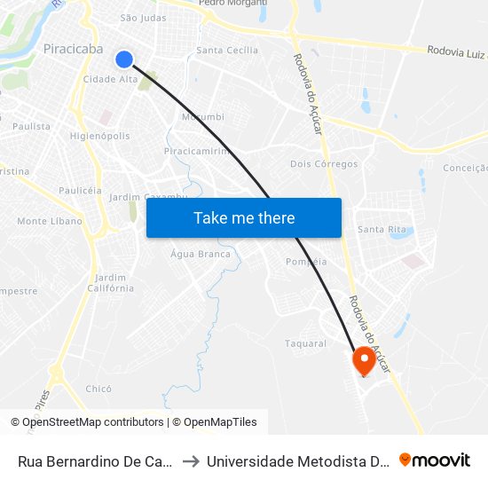 Rua Bernardino De Campos, 573 to Universidade Metodista De Piracicaba map