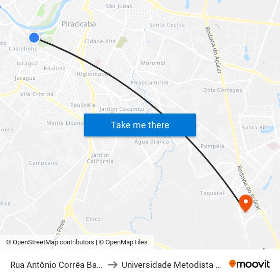 Rua Antônio Corrêa Barbosa, 2233 to Universidade Metodista De Piracicaba map