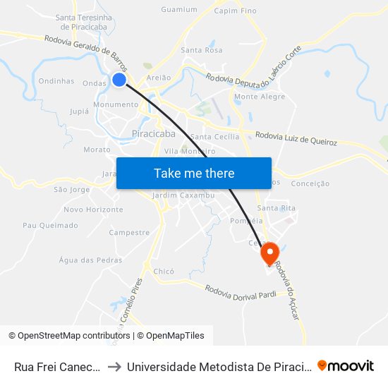 Rua Frei Caneca, 7 to Universidade Metodista De Piracicaba map