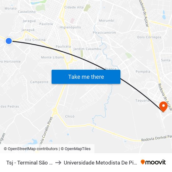 Tsj - Terminal São Jorge to Universidade Metodista De Piracicaba map