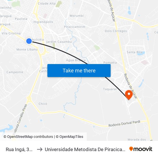 Rua Ingá, 332 to Universidade Metodista De Piracicaba map