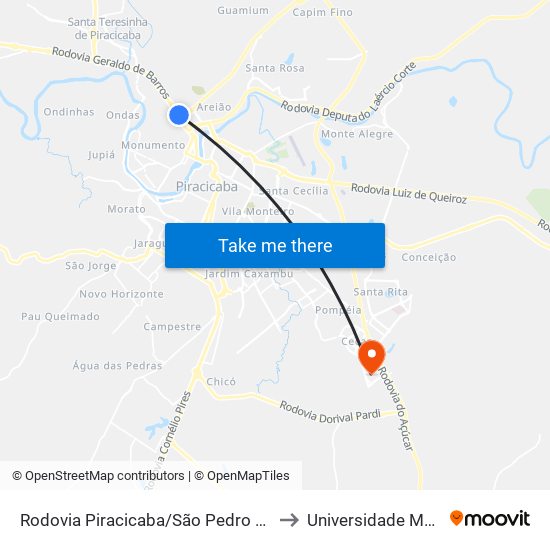 Rodovia Piracicaba/São Pedro SP 304 - Estação Conexão Arcelor Mital to Universidade Metodista De Piracicaba map