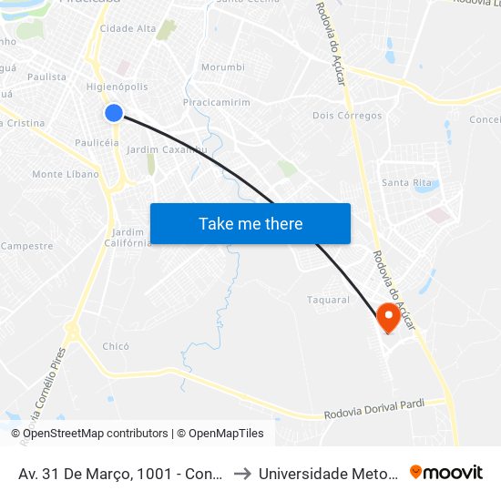 Av. 31 De Março, 1001 - Cond. Nações Unidas, Nº 1001 to Universidade Metodista De Piracicaba map