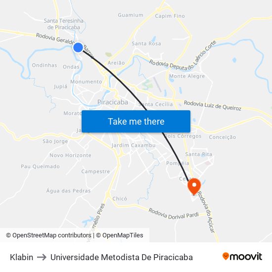 Klabin to Universidade Metodista De Piracicaba map