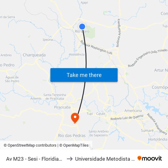 Av M23 - Sesi - Floridiana Tenis Clube to Universidade Metodista De Piracicaba map