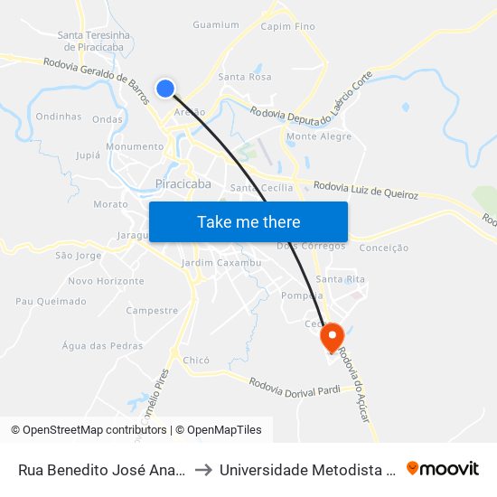 Rua Benedito José Anastácio, 1-287 to Universidade Metodista De Piracicaba map