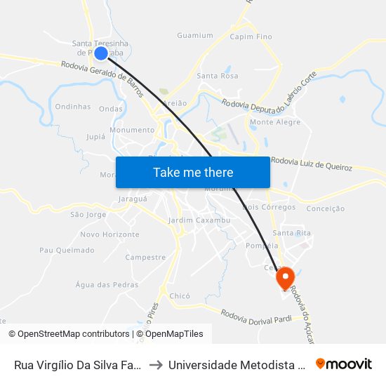 Rua Virgílio Da Silva Fagundes, 889 to Universidade Metodista De Piracicaba map