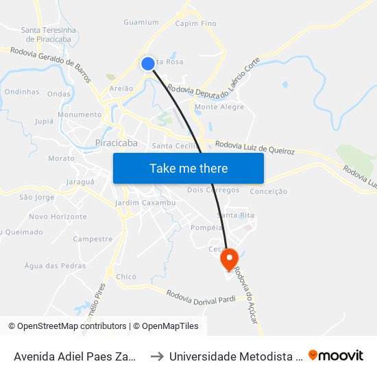Avenida Adiel Paes Zamith, 728-1096 to Universidade Metodista De Piracicaba map
