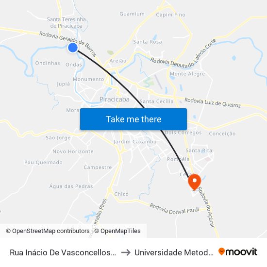 Rua Inácio De Vasconcellos Cunha Caldeira, 72-140 to Universidade Metodista De Piracicaba map