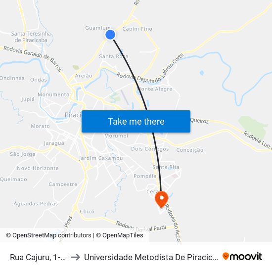 Rua Cajuru, 1-67 to Universidade Metodista De Piracicaba map