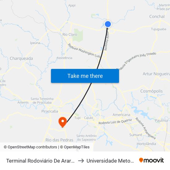 Terminal Rodoviário De Araras (Padre João Modesti) to Universidade Metodista De Piracicaba map