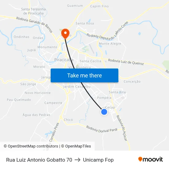 Rua Luiz Antonio Gobatto 70 to Unicamp Fop map