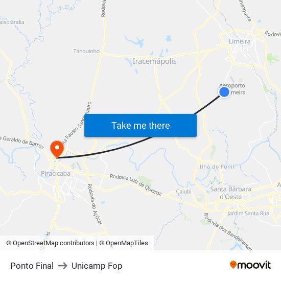 Ponto Final to Unicamp Fop map