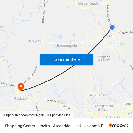 Shopping Center Limeira - Atacadão B/C to Unicamp Fop map