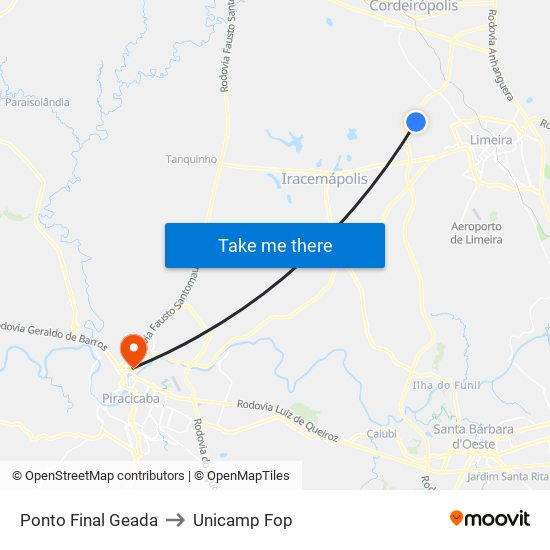 Ponto Final Geada to Unicamp Fop map